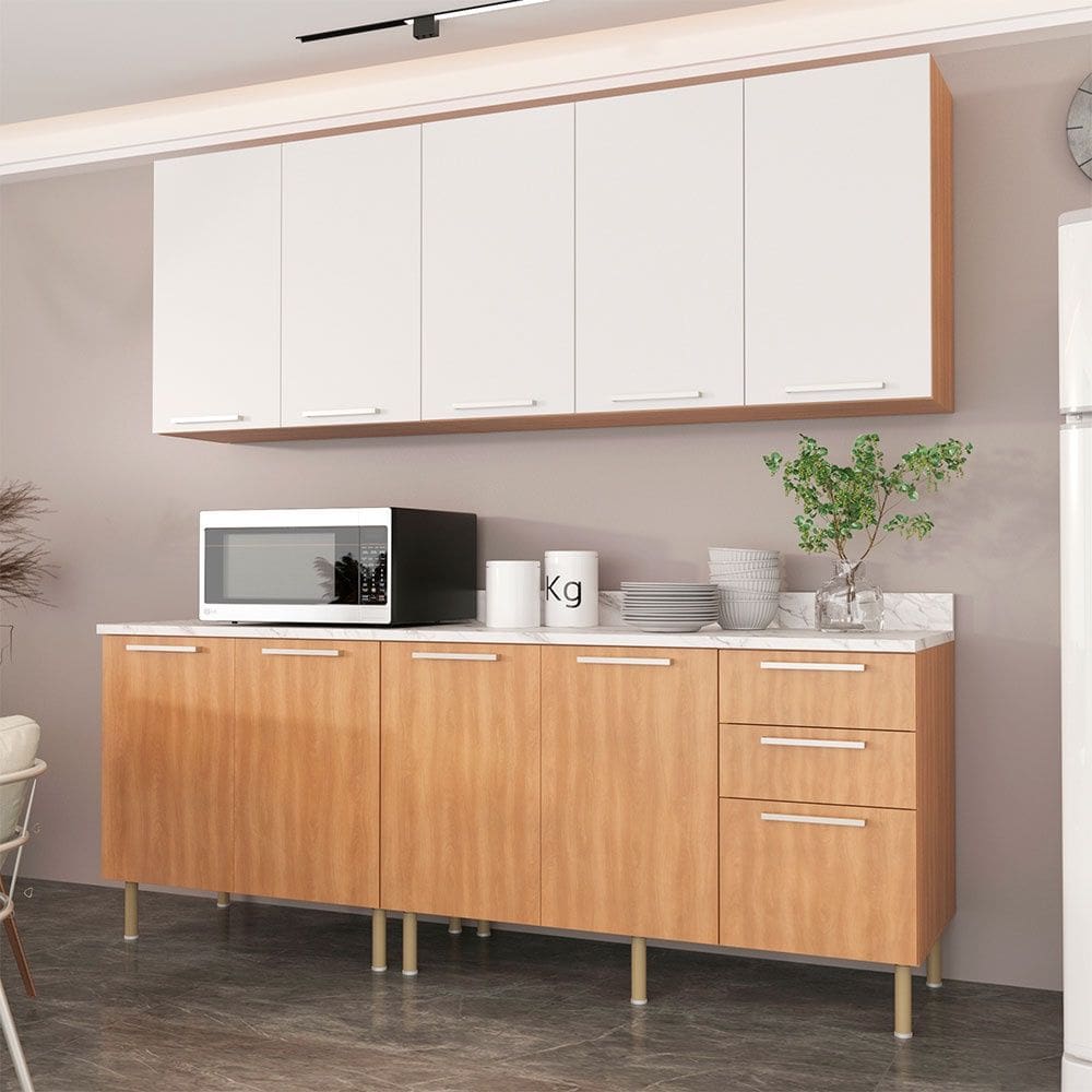 Cozinha Compacta Girassol CZ1100 200cm 04 Peças 09 Portas e 03 Gavetas com Divisor de Talheres Freijó Mármore Branco Tecnomobili