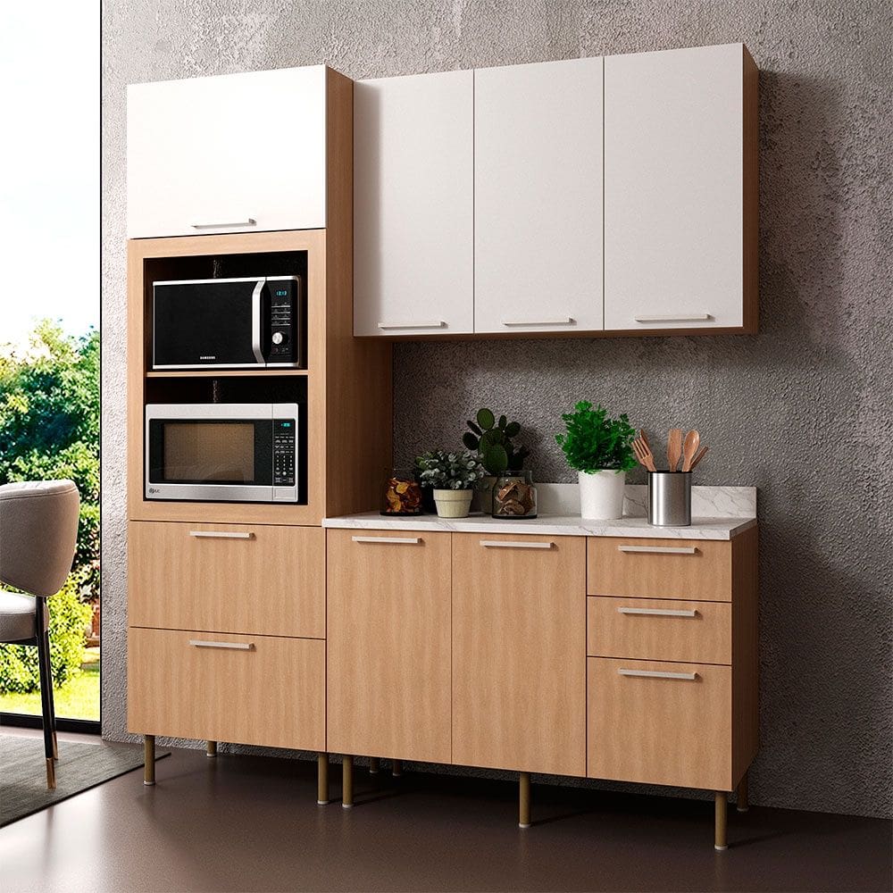 Cozinha Compacta Tulipa CZ1103 170cm 03 Peças 06 Portas e 05 Gavetas com Divisor de Talheres Freijó Mármore Branco Tecnomobili