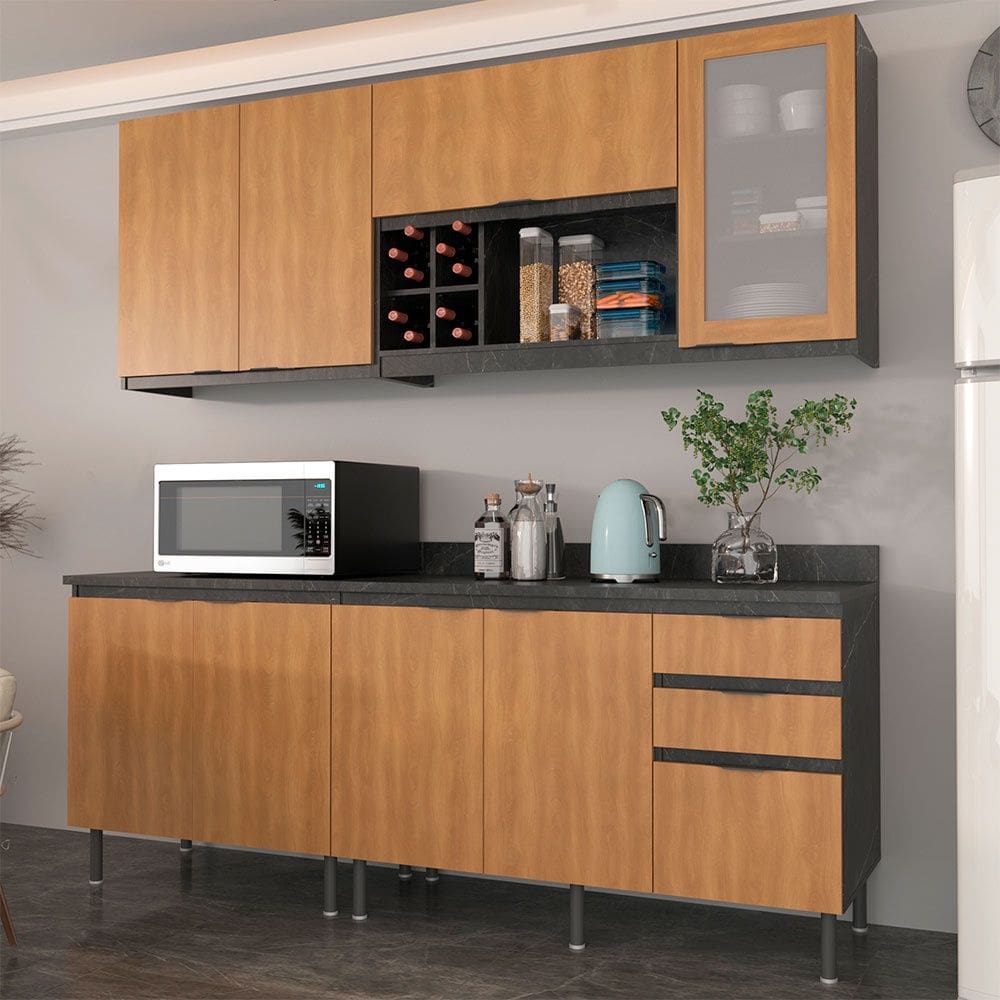 Cozinha Compacta Azaleia CZ1200 200cm 04 Peças 08 Portas e 03 Gavetas com Divisor de Talheres Mármore Lunar Freijó Tecnomobili