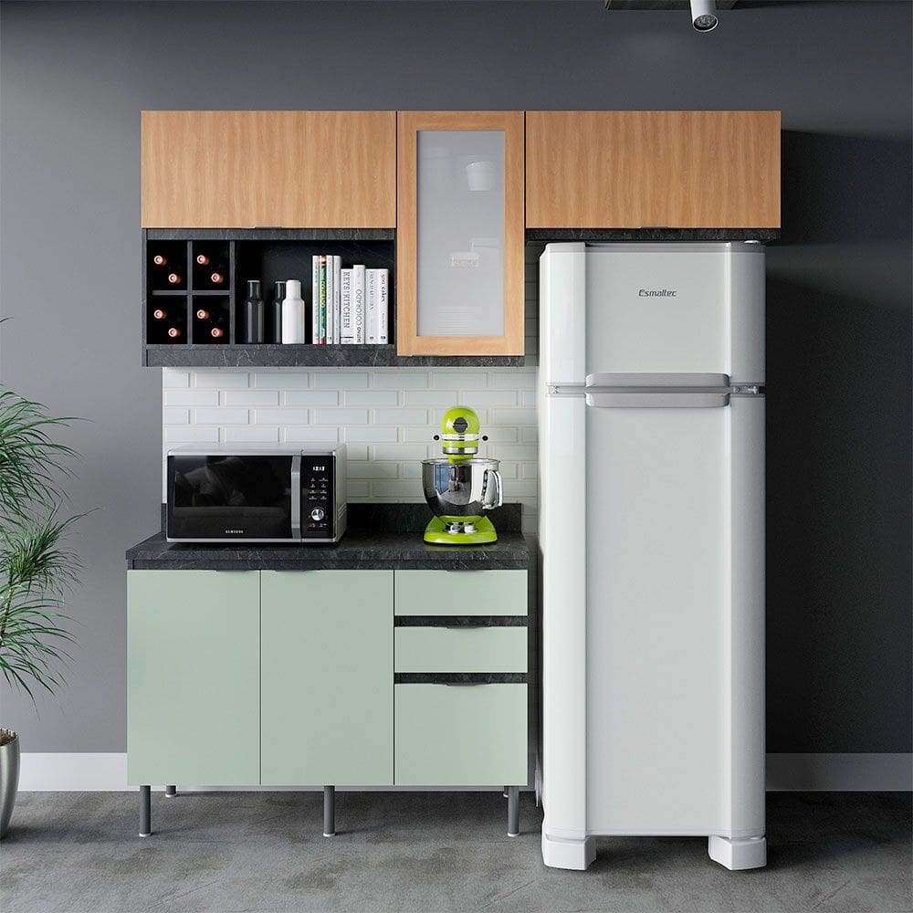 Cozinha Compacta Orquídea CZ1202 180cm 03 Peças 05 Portas 03 Gavetas com Divisor de Talheres Mármore Lunar Verde Mar Freijó Tecnomobili