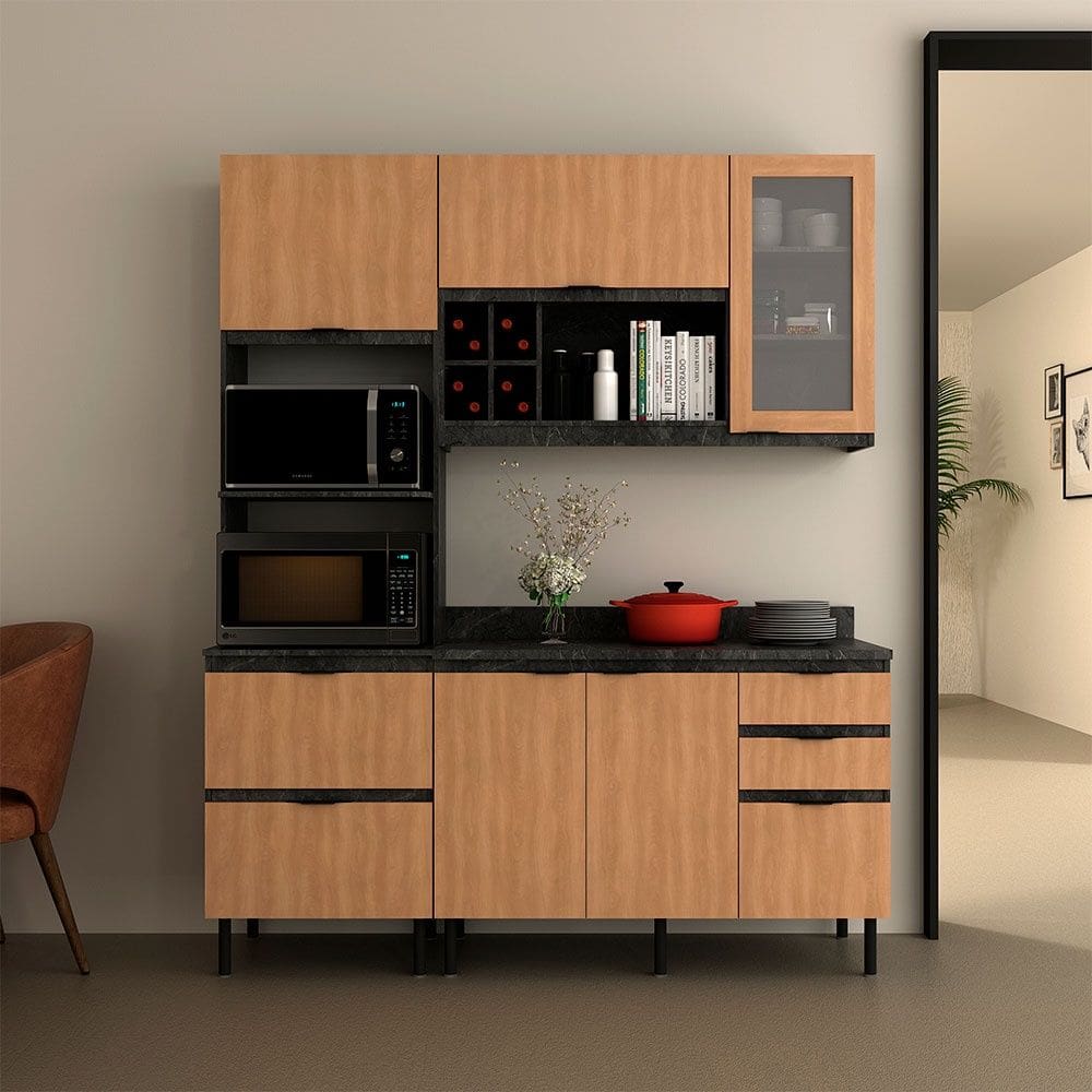 Cozinha Compacta Begônia CZ1203 180cm 03 Peças 06 Portas 04 Gavetas com Divisor de Talheres Mármore Lunar Freijó Tecnomobili
