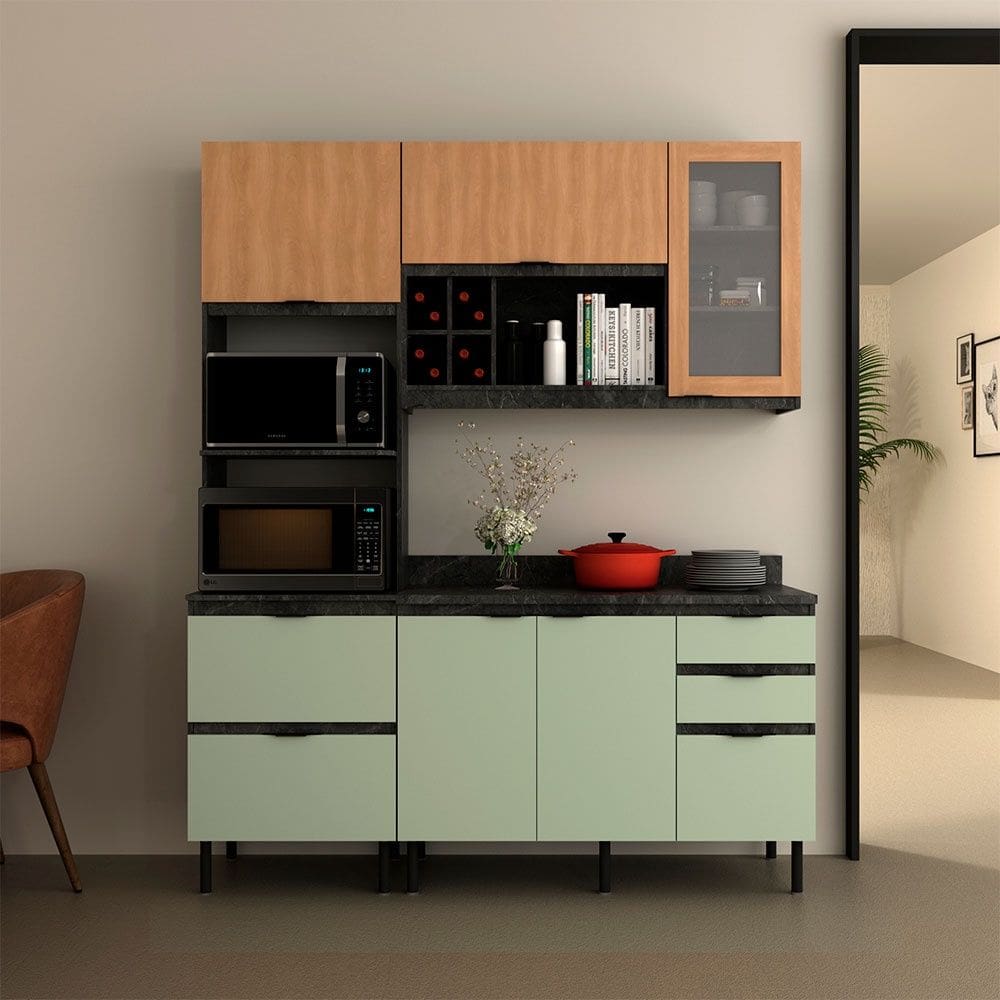 Cozinha Compacta Begônia CZ1203 180cm 03 Peças 06 Portas 04 Gavetas com Divisor de Talheres Mármore Lunar Verde Mar Freijó Tecnomobili
