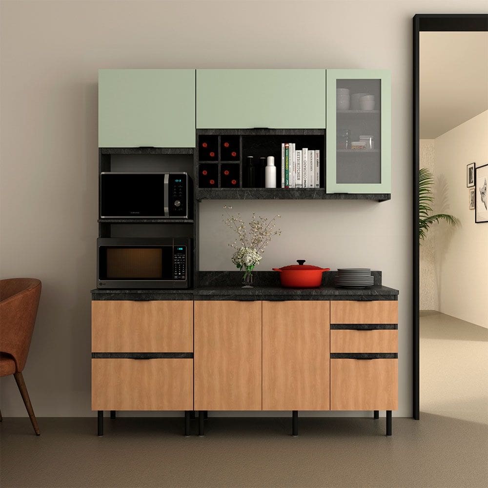 Cozinha Compacta Begônia CZ1203 180cm 03 Peças 06 Portas 04 Gavetas com Divisor de Talheres Mármore Lunar Freijó Verde Mar Tecnomobili