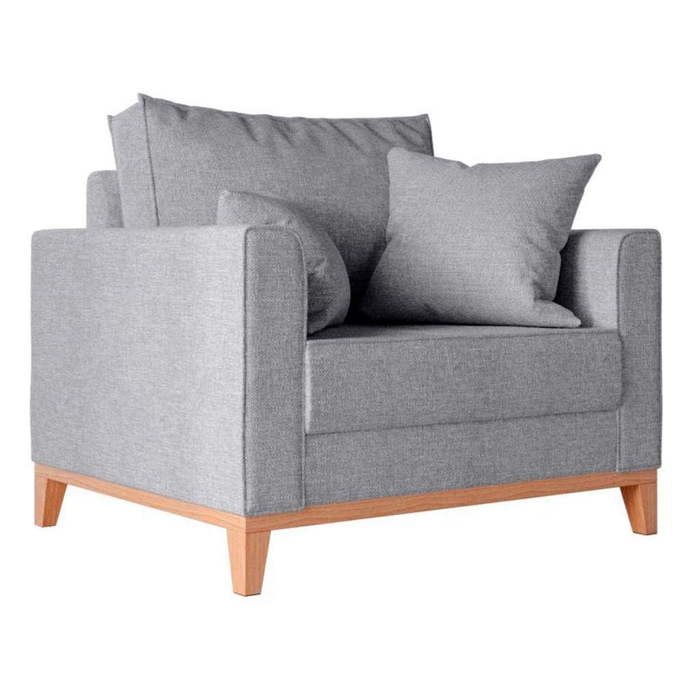 Poltrona Beny Com Pés E Base De Madeira Élpis Móveis Linho Cinza