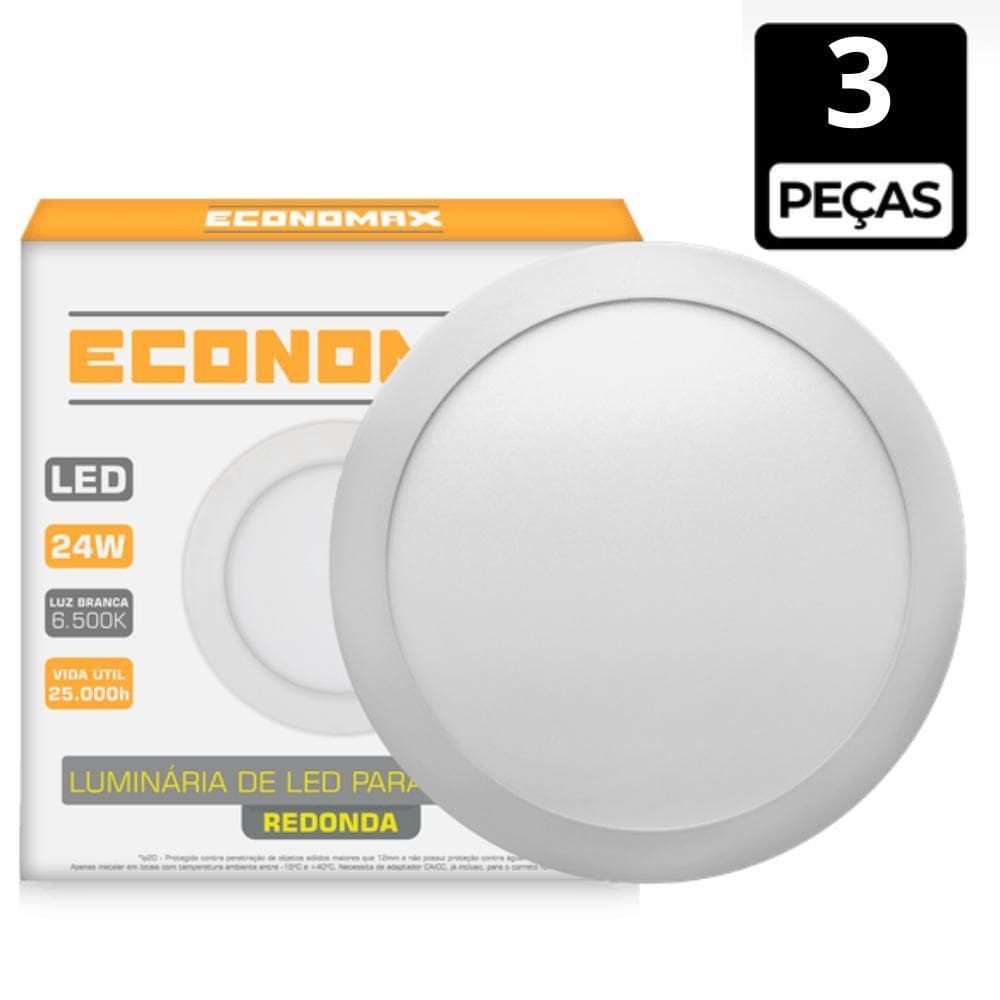 Kit 3 Painel Plafon 24W Rendondo Sobrepor Led 6500K Branca