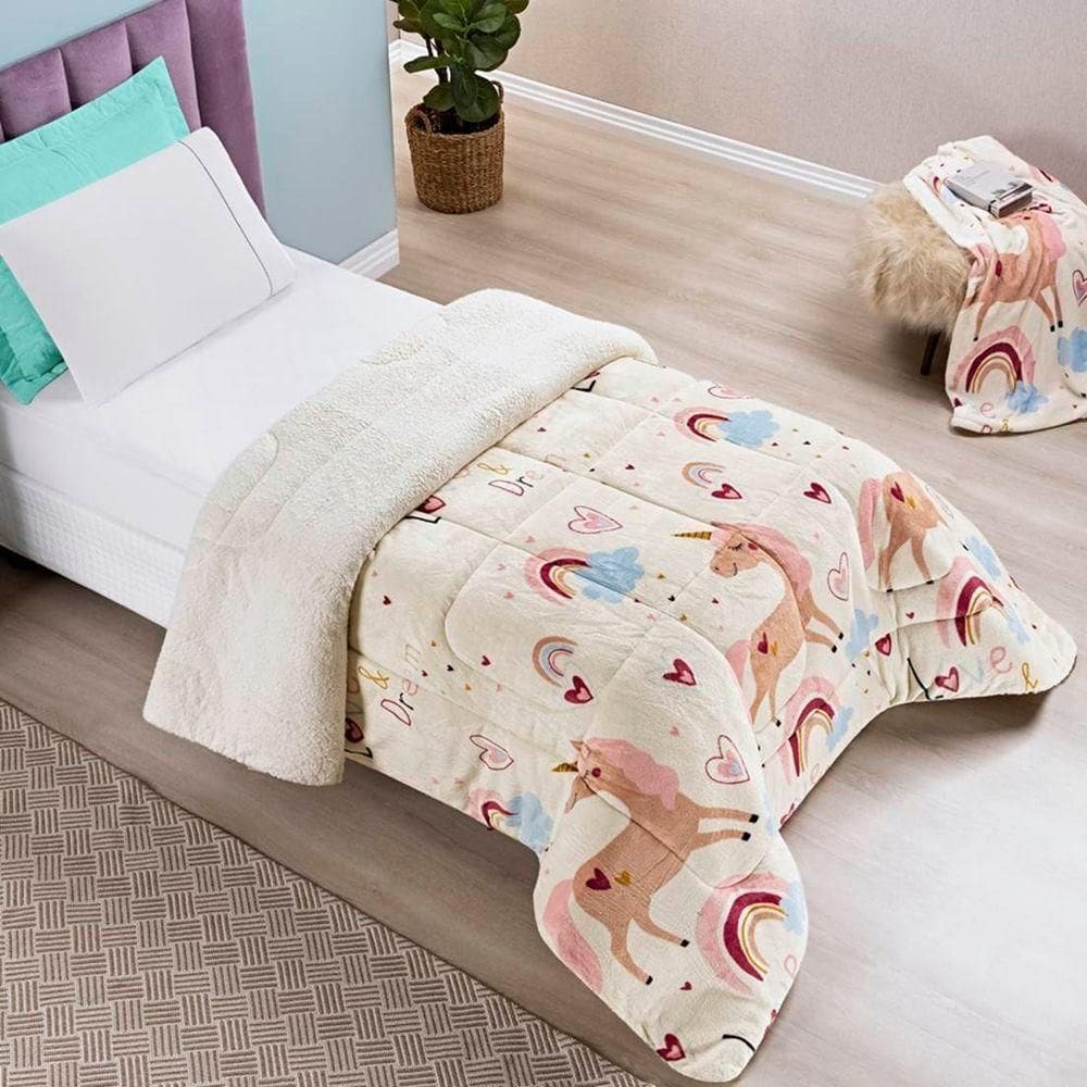 Edredom Solteiro Coberdrom Infantil Sherpa Com Mantinha 1 Peça - Unicornio