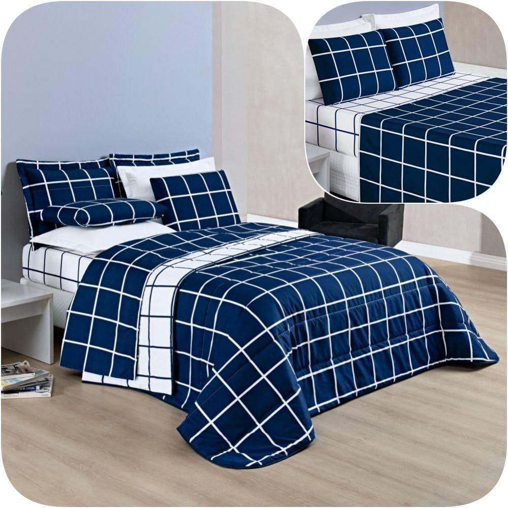 Kit Cobre Leito Casal Dustin 200 Fios Com Jogo De Lençol - 7 Peças Marinho