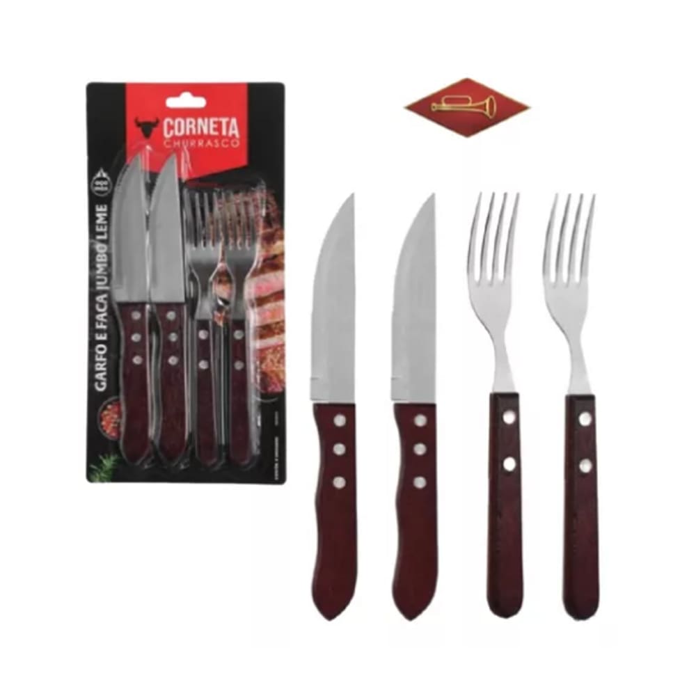 Garfo E Faca Jumbo Leme 4 Pçs Em Inox Com Cabo De Madeira
