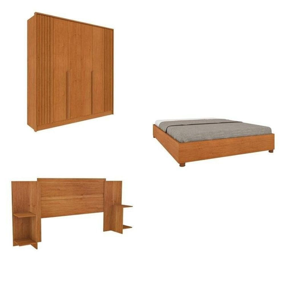 Quarto Casal Guarda-Roupa 6 portas Ripado Nova York e Cama Box Casal Mônaco com Cabeceira Ajustável Cinamomo