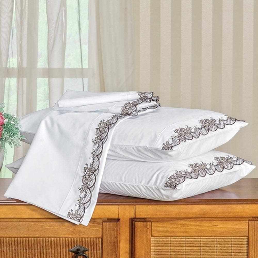 Jogo De Lençol Queen Bordado 100% Algodão 4 Peças Mondrean - Branco