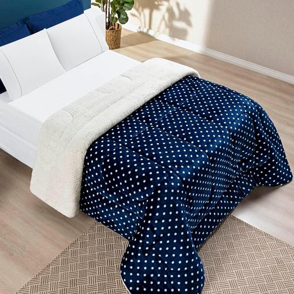 Edredom Casal Padrão Coberdrom Sherpa/mantinha Petit Poa 1 Peça - Marinho