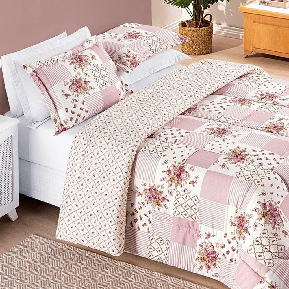 Edredom Casal Padrão Bouti Dupla Face 3 Peças - Rosa Matura