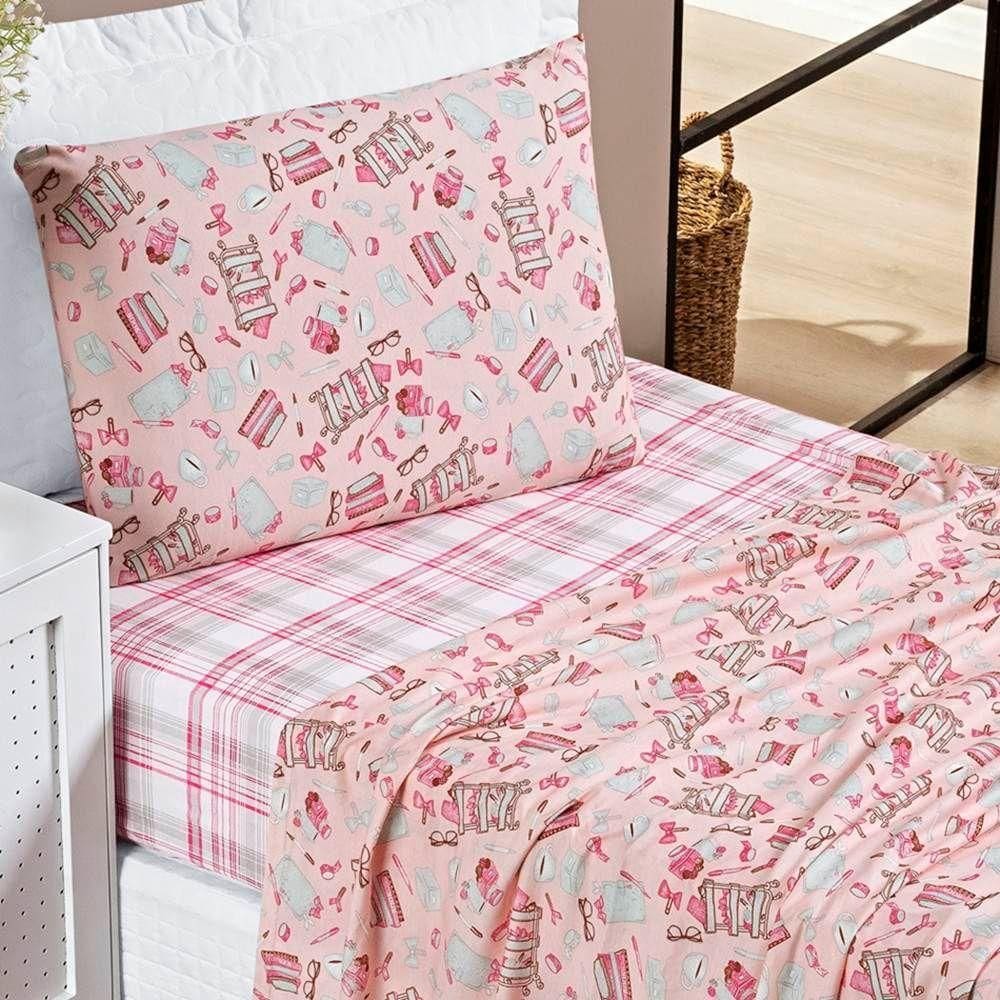 Jogo De Lençol Solteiro Joy Malha 100% Algodão Estampado 3 Peças Cor Fashion Rosa