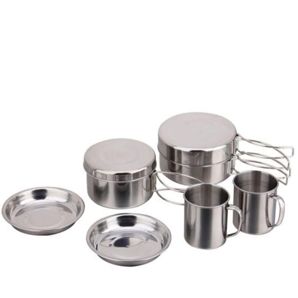 Kit Panelas Em Inox Camping Cozinha Acampamento Outdoor Completo 8 Peças Panela Viagem Praia Pesca