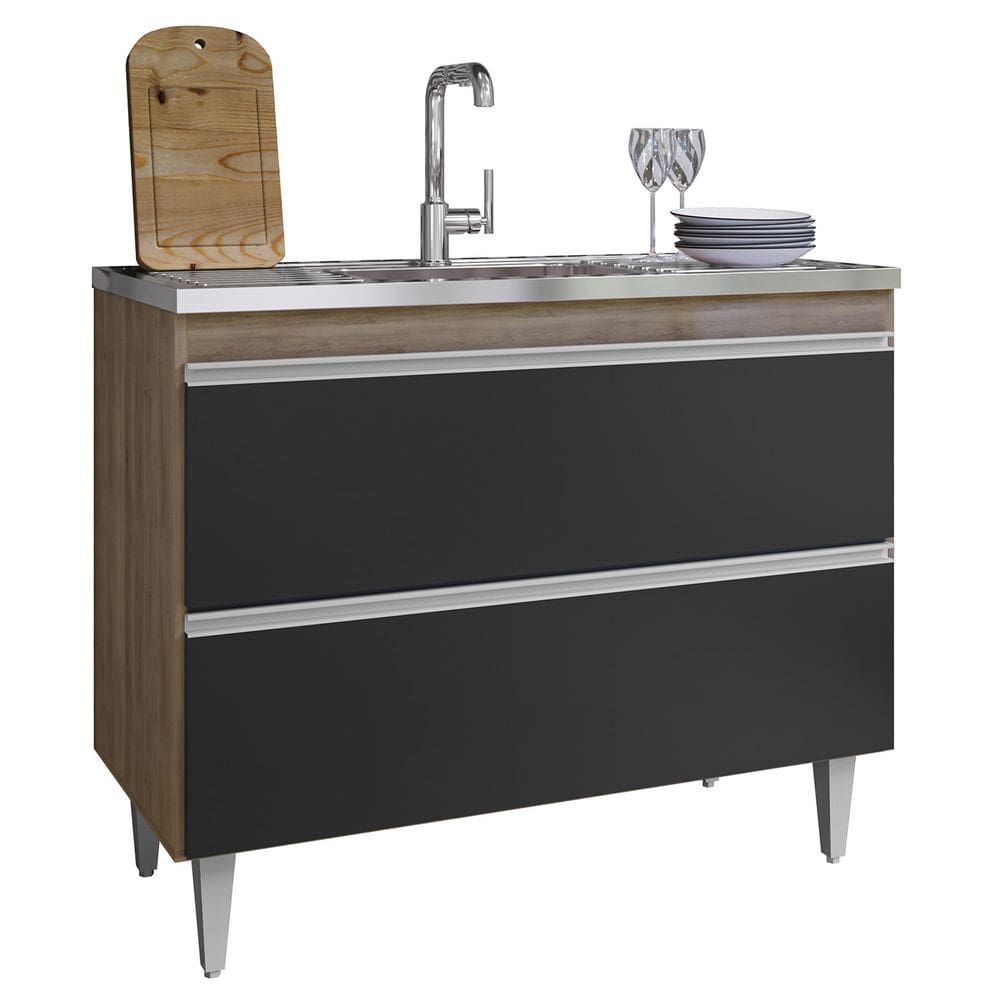 Balcão de Cozinha Com Pia Inox 100cm Julia Z34 Freijó/Preto - Mpozenato