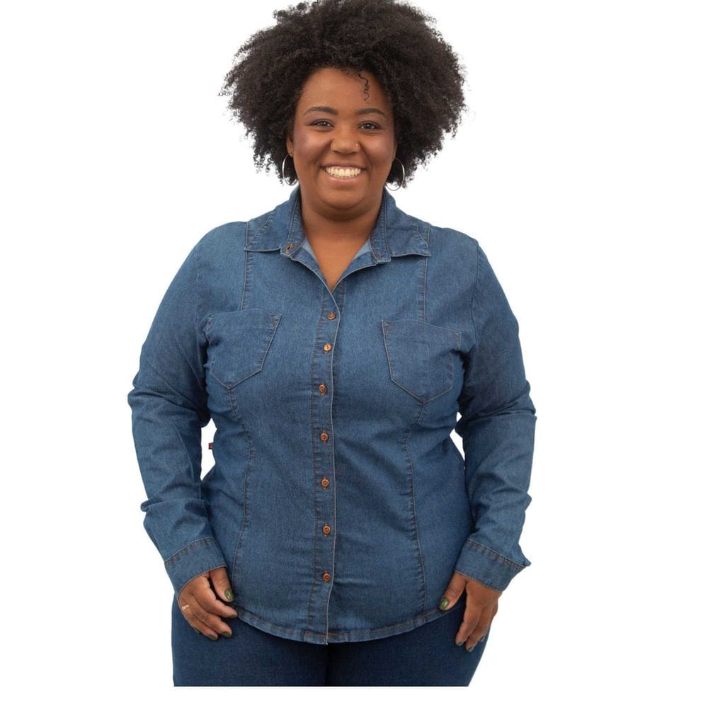 Camisa Jeans Fem Plus Size com Lycra Manga longa