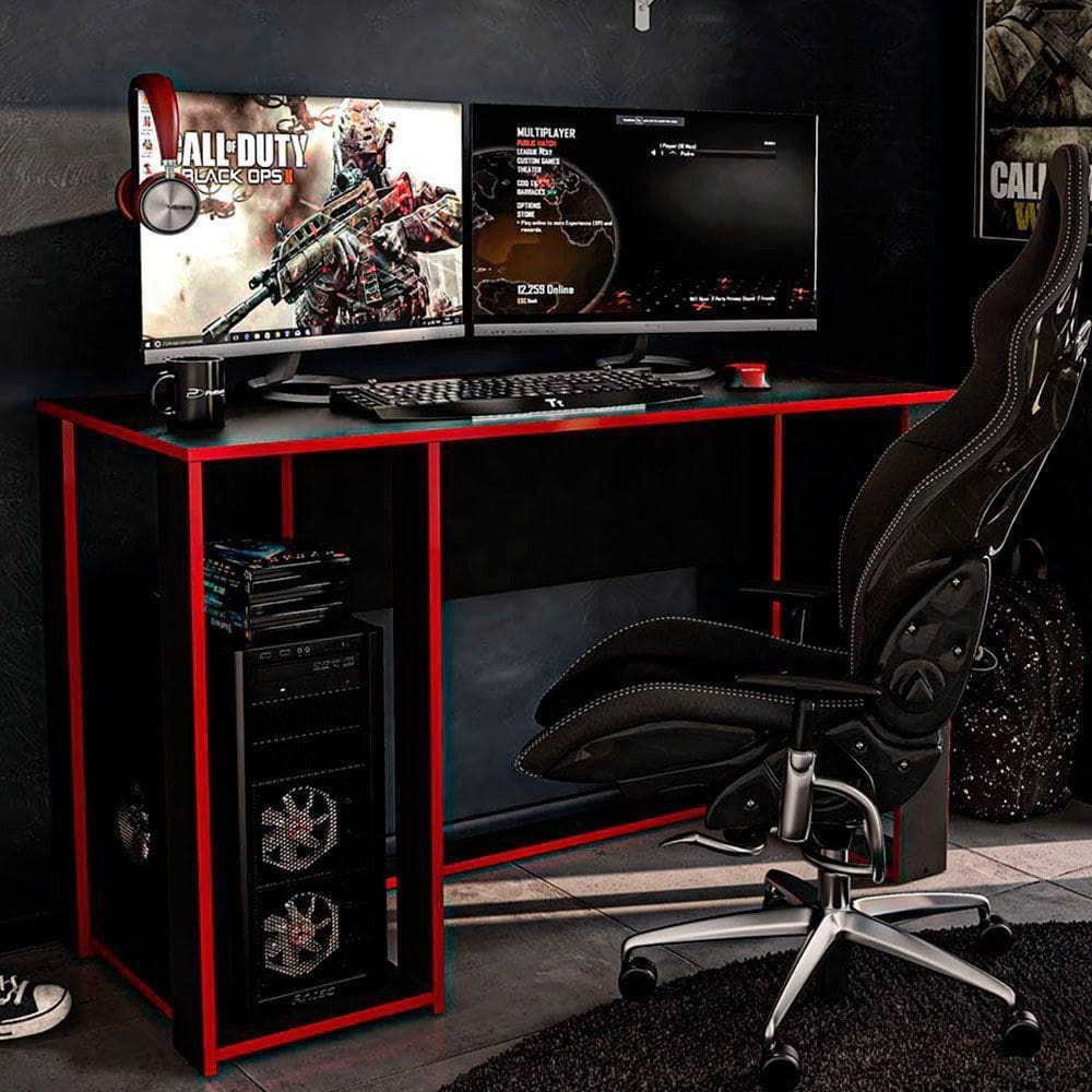 Mesa Gamer Singapura Em MDP Para 2 Monitores Politorno Preto Vermelho