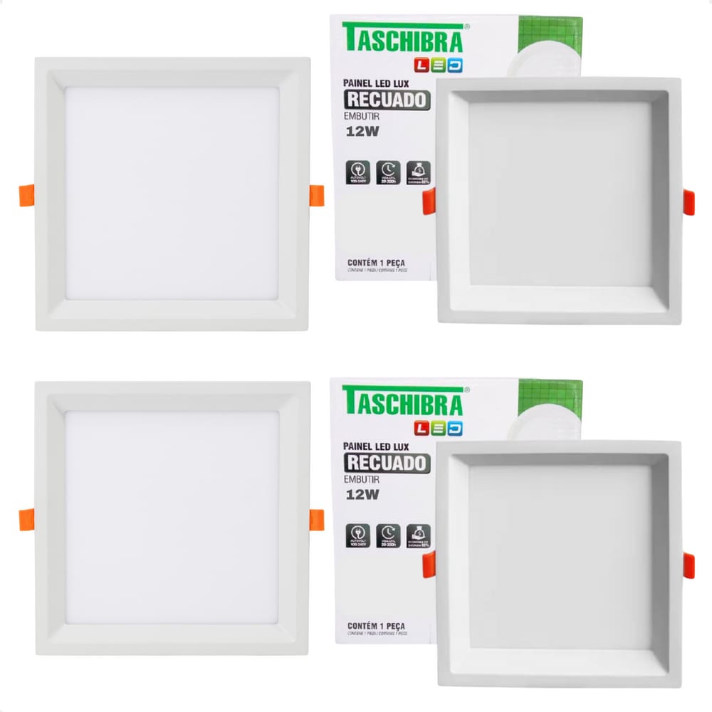 Kit 4 Painel de Led Quadrado Embutir Recuado 12W Bivolt Taschibra 3000K Quente