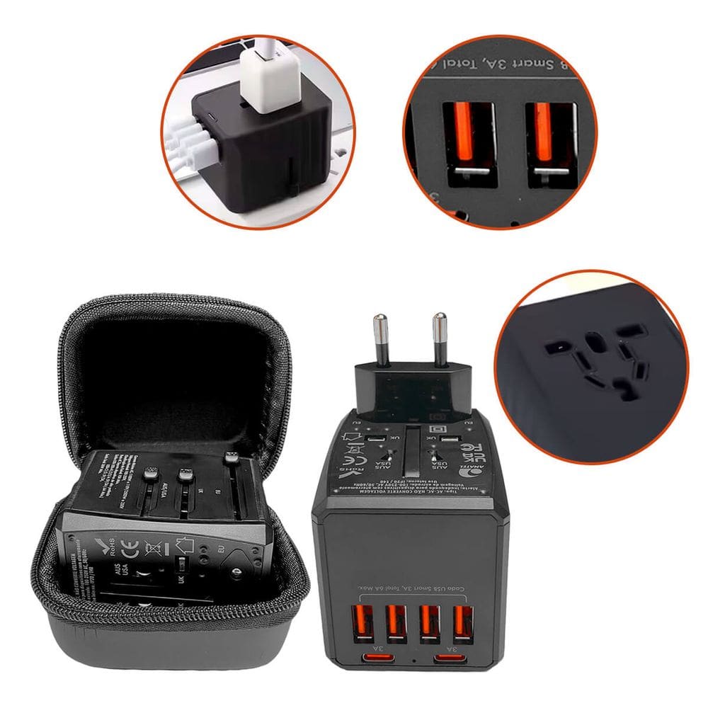 Adaptador Universal de Viagem 36W com 4 USB-A e 2 USB-C – Compatível com mais de 150 países