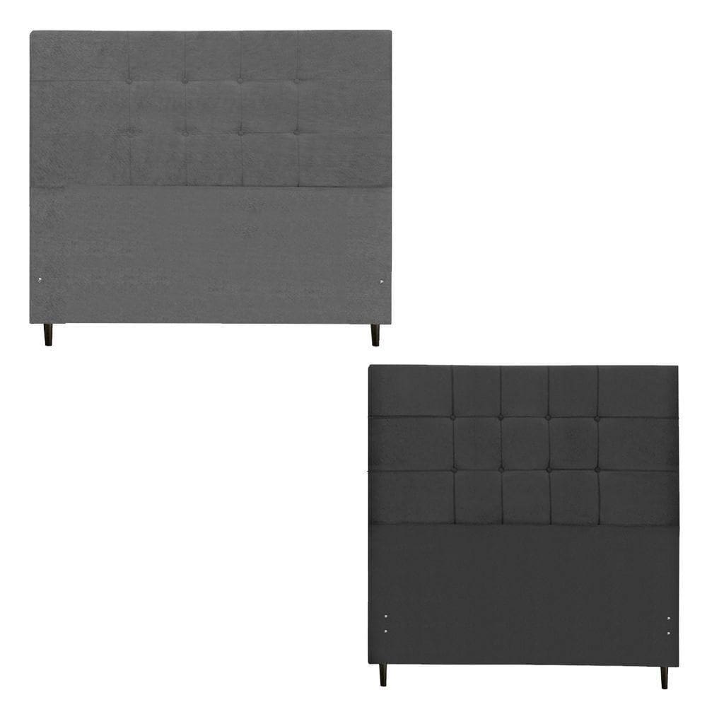 Kit Cabeceira Maveric Estofada Casal 144cm Chumbo Botão Tecido + Cabeceira Maveric Solteiro 94cm Preto