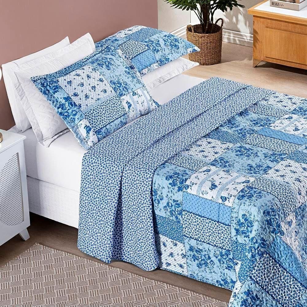 Colcha King Bouti Estampada Dupla Face 3 Peças - Azul Sereno