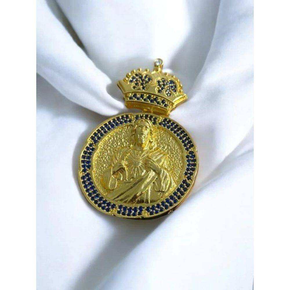 Pingente Cristo Cravejado Pedras Azuis - Banhado A Ouro 18K