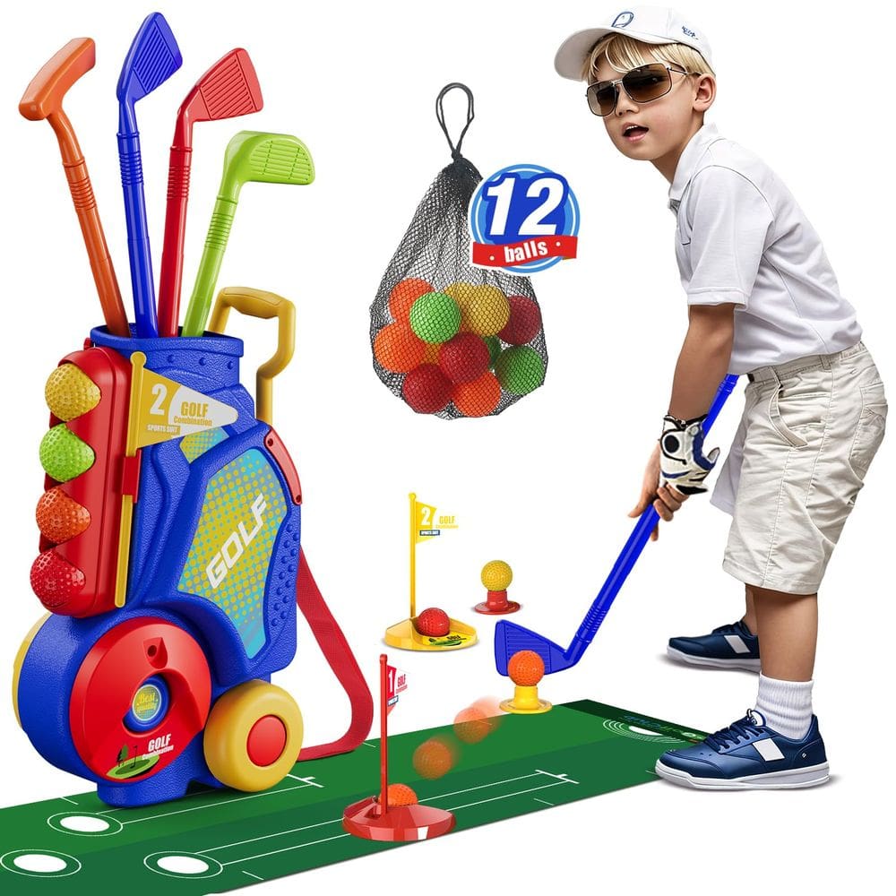 Conjunto de golfe infantil HYES atualizado com 12 bolas, tapete de golfe azul