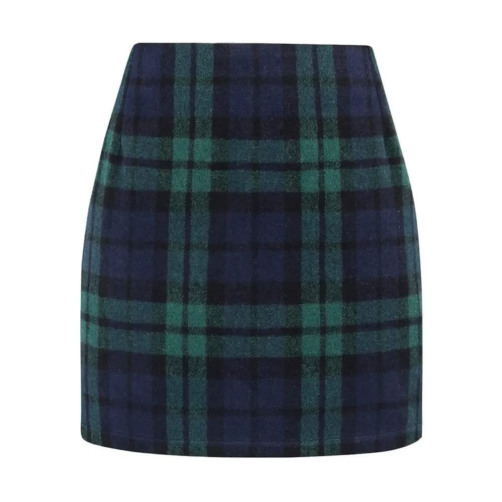 Saia feminina Kinghua xadrez de lã, mini cintura alta, verde XXL