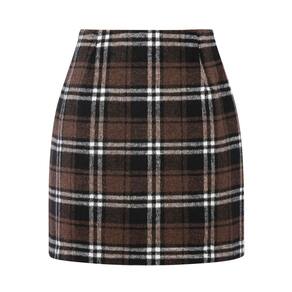Saia IDEALSANXUN feminina de cintura alta, xadrez, lã, mini café