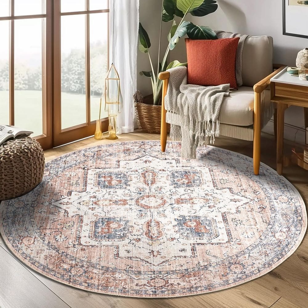 Tapete Area Jinchan redondo 120 cm laranja vintage floral