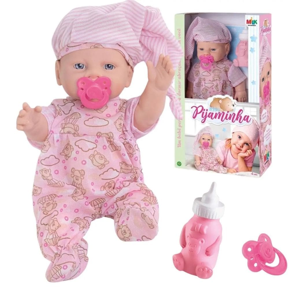 Boneca Bebê Com Pijaminha Mamadeira Chupeta Fofinha Hora De Dormir Milk Brinquedos - PANAMI