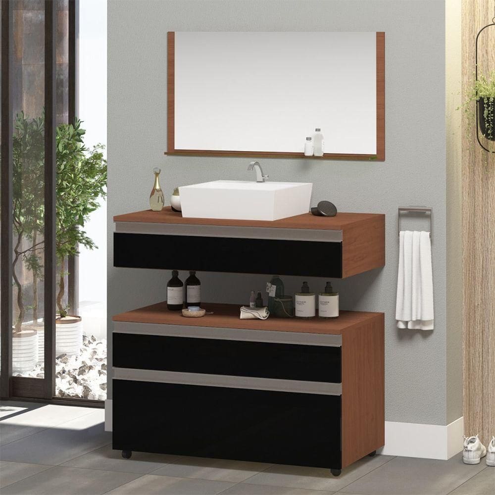 Gabinete Banheiro Superior E Inferior Com Rodízios 3 Gavetas 80cm Safira - Preto - Preto
