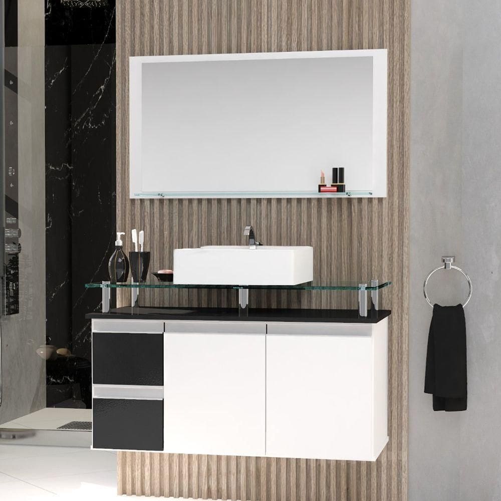 Conjunto Gabinete Banheiro 2 Gavetas 2 Portas 80cm Com Espelheira Diamante - Preto - Preto