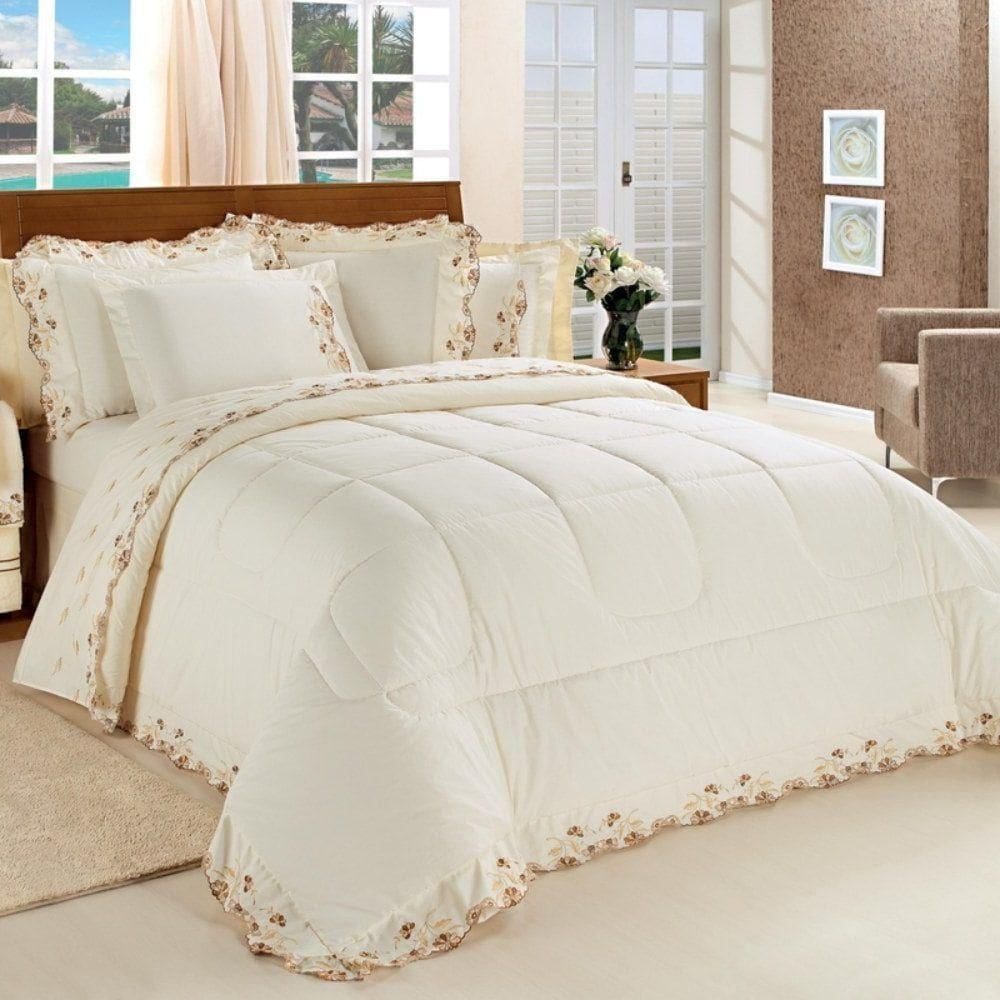 Edredom Queen Emozione Percal 200 Fios 100% Algodão Bordado 5 Peças - Marfim