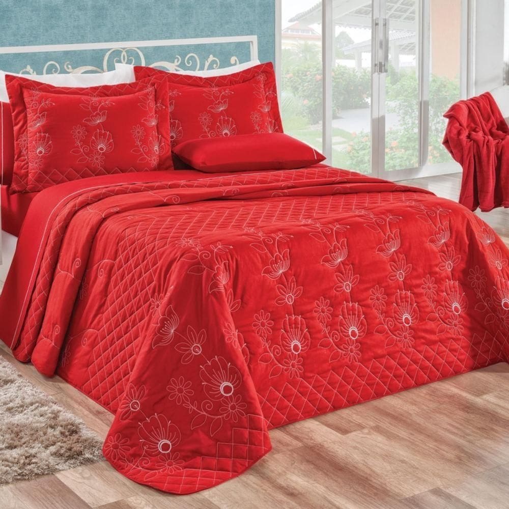 Cobre Leito Queen Percal 150 Fios 100% Algodão 5 Peças Mirabello - Vermelho