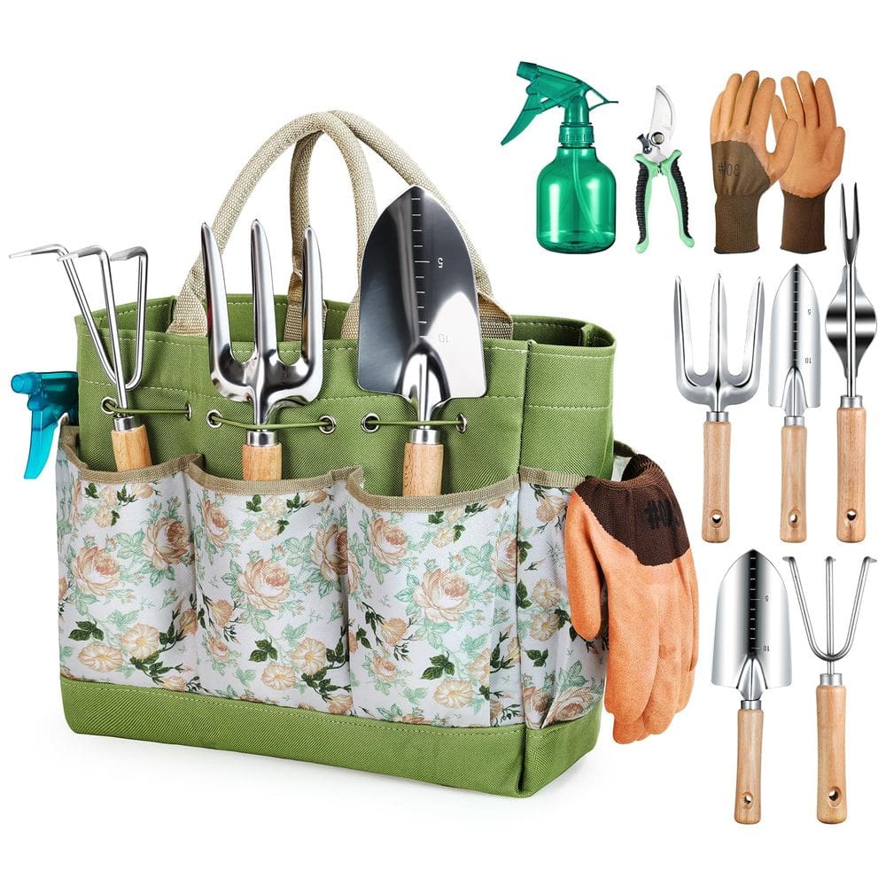 Conjunto de ferramentas de jardinagem Grenebo de 9 peças com bolsa organizadora