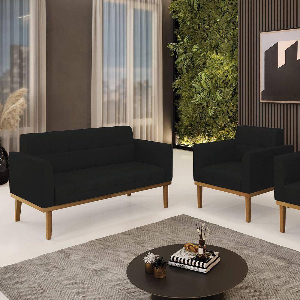 Conjunto Poltrona E Namoradeira Decorativas Pés Fixo Em Madeira Castanho Linho Preto