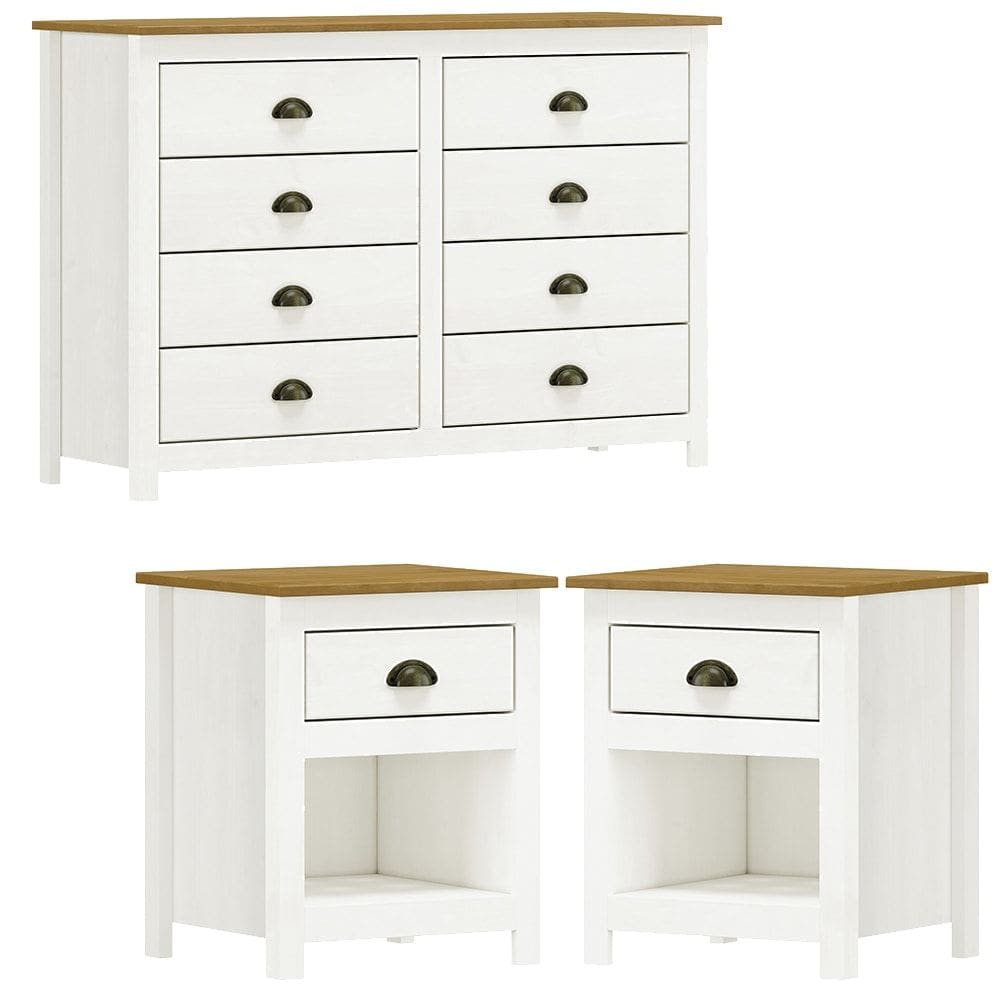 Comoda 8 Gav e 02 Mesas de Cabeceira Madeira Maciça Branco Freijo Milani Store