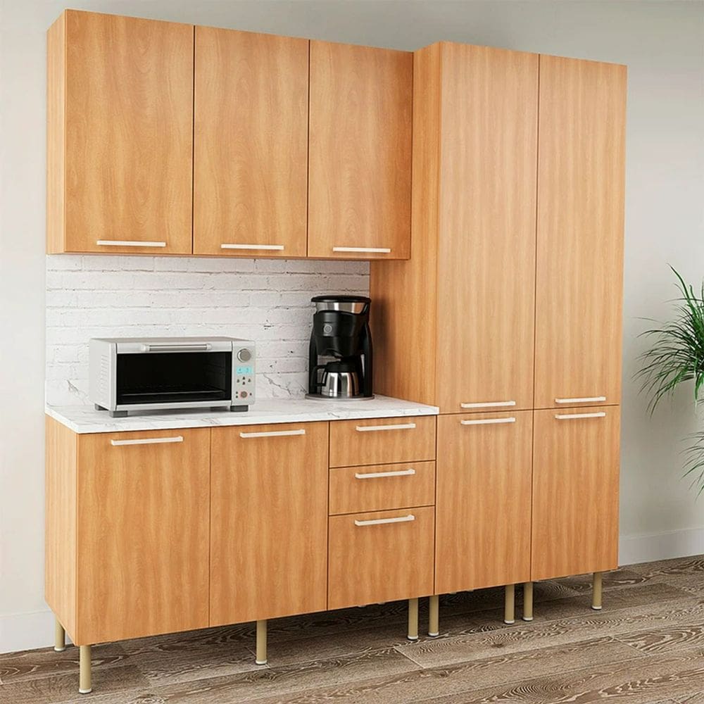 Cozinha Compacta Jasmine CZ1101 200cm 04 Peças 09 Portas e 03 Gavetas com Divisor de Talheres Freijó Mármore Branco Tecnomobili