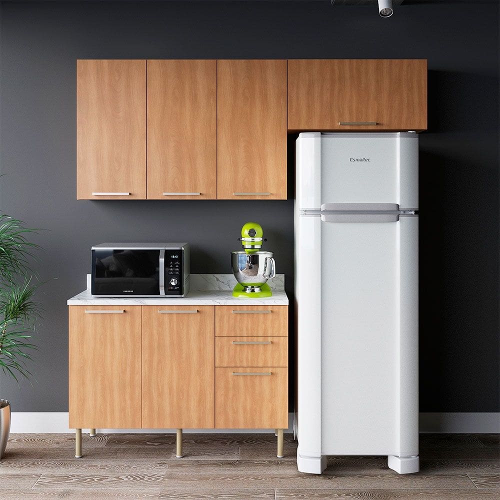 Cozinha Compacta Dália CZ1102 200cm 03 Peças 06 Portas e 03 Gavetas com Divisor de Talheres Freijó Mármore Branco Tecnomobili