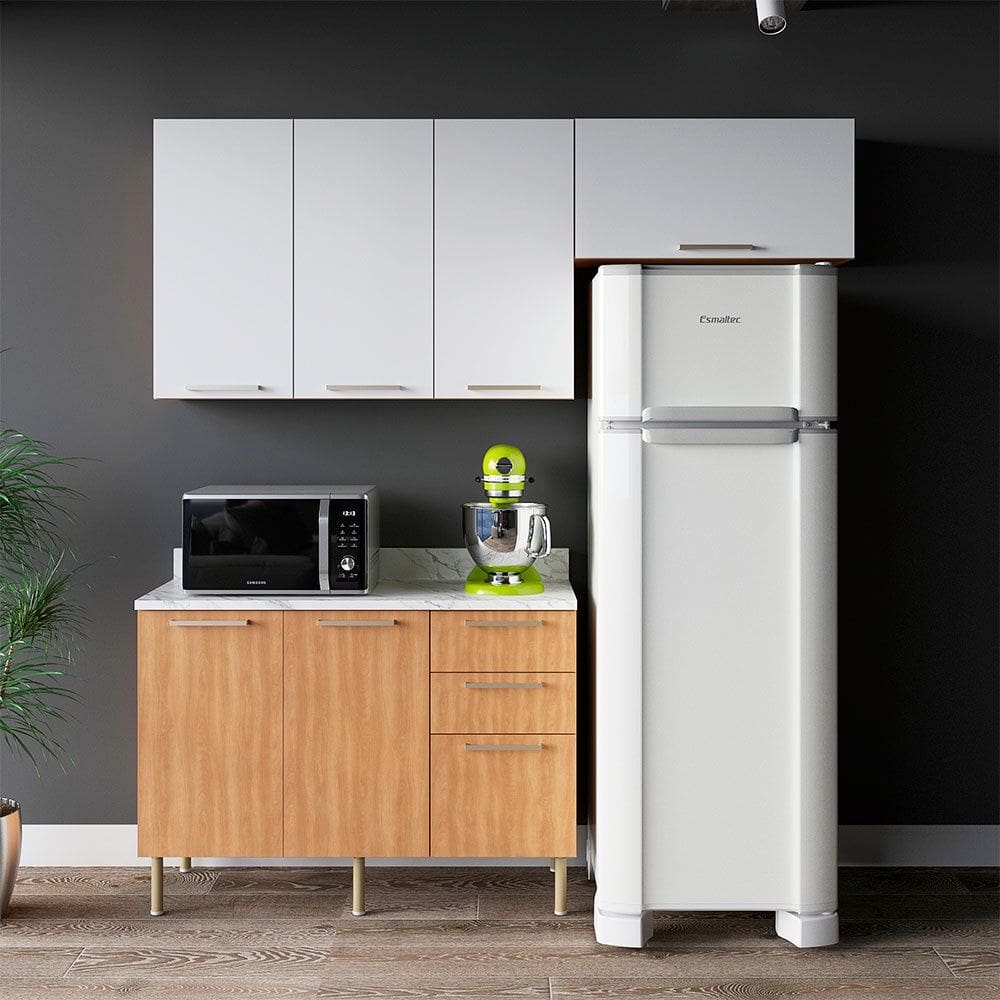 Cozinha Compacta Dália CZ1102 200cm 03 Peças 06 Portas e 03 Gavetas com Divisor de Talheres Freijó Mármore Branco Tecnomobili