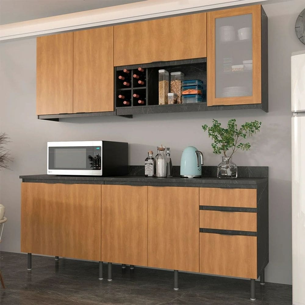 Cozinha Compacta Azaleia CZ1200 200cm 04 Peças 08 Portas e 03 Gavetas com Divisor de Talheres Mármore Lunar Freijó Tecnomobili
