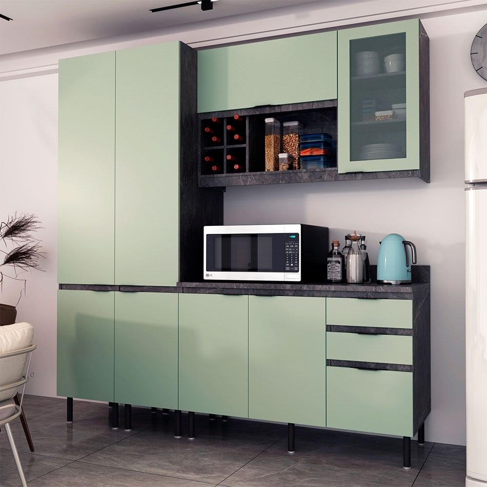 Cozinha Compacta Margarida CZ1201 200cm 04 Peças 08 Portas 03 Gavetas e Divisor de Talheres Mármore Lunar Verde Mar Tecnomobili