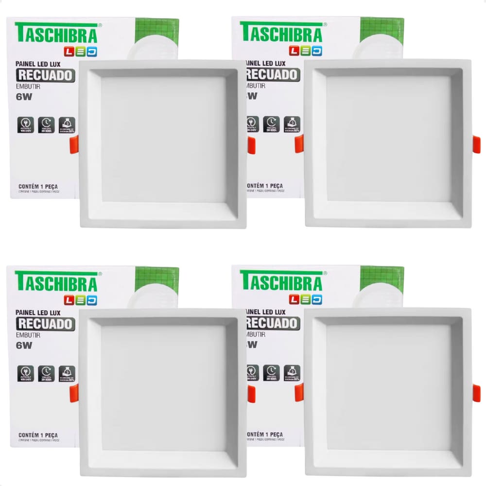 Kit 4 Painel de Led Quadrado Embutir Recuado 6W Bivolt Taschibra 6500K Frio