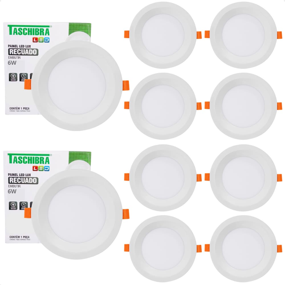 Kit 10 Painel de Led Redondo Embutir Recuado 6W Bivolt Taschibra 4000K Neutro