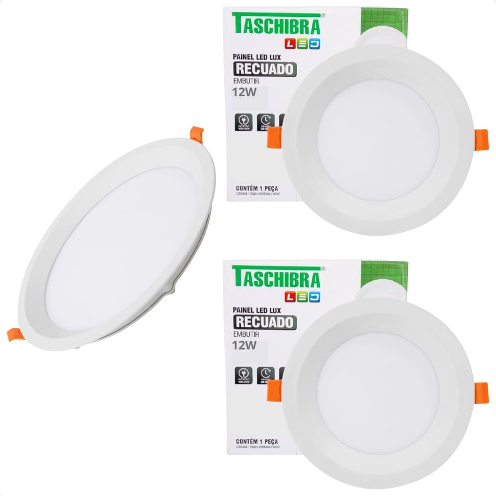 Kit 3 Painel de Led Redondo Embutir Recuado 12W Bivolt Taschibra 4000K Neutro