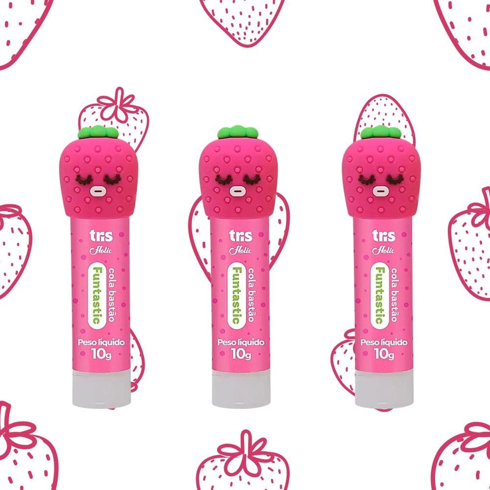 kit 03 Cola Bastão 10g Funtastic Formato Fruta Morango Divertida Tris