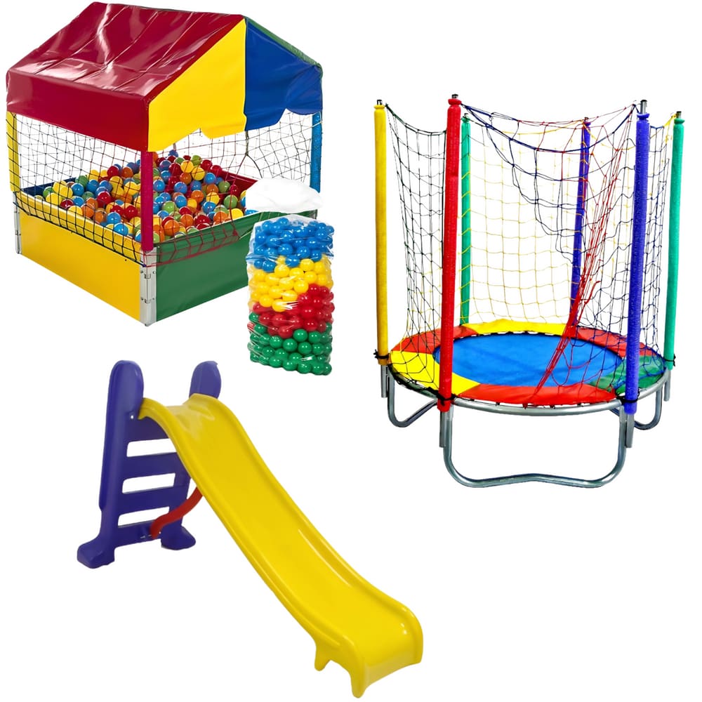 Kit Playground Cama Elástica 1,40m Piscina de Bolinhas Quadrada 1,00m c/ 500 Bolinhas Escorregador Médio