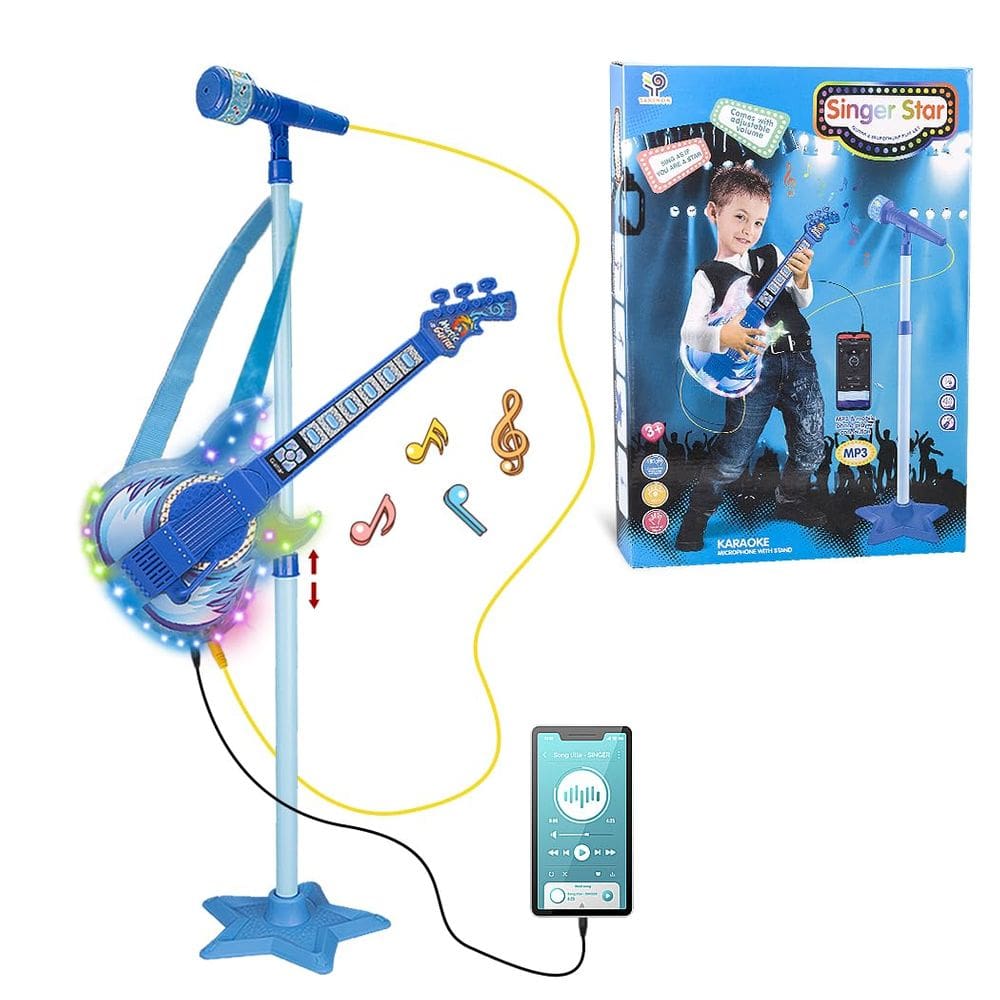 Conjunto de guitarra e microfone TAKIHON para crianças com música e azul claro