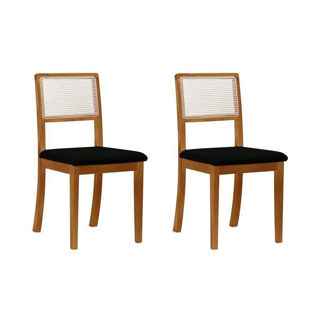 Kit 2 Cadeiras De Jantar Luxo Palha Estofadas Veludo Preto Encosto Tela Sextavada Rubi Madeira Maciça